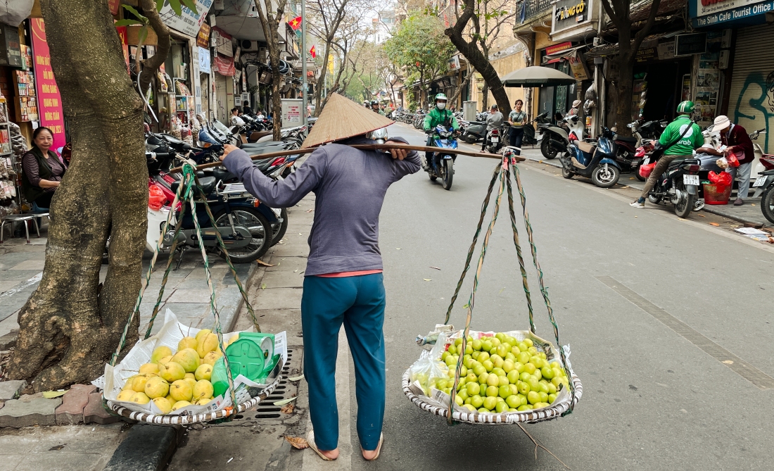 Vietnami reisil Hanois mees tänaval puuvilju kandmas